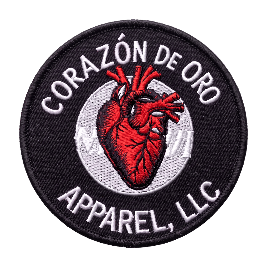 Embroidered heart patch (primary mark), Corazón De Oro Apparel